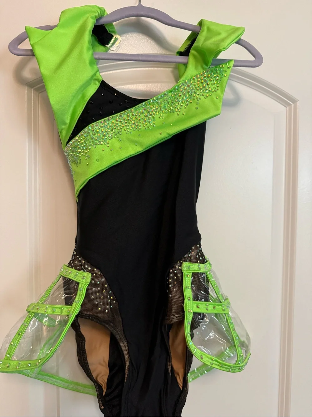 Girls Neon Green and Black Dance Leotard with Rhinestones